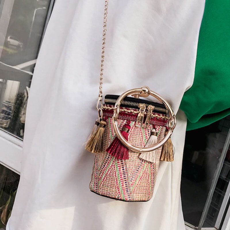 Dames Zomer Kwastje Kettingen Stro Handtas Crossbody Tas Schoudertas