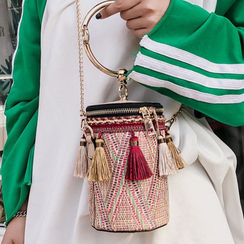 Dames Zomer Kwastje Kettingen Stro Handtas Crossbody Tas Schoudertas