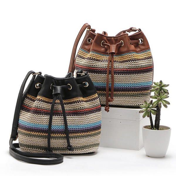 Damesmode Boheemse Gestreepte Bucket Bag Messenger Schoudertas