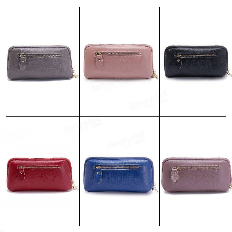 Dames Echt Lederen Clutch Bag Rits Lange Portemonnee Tweevoudige Portemonnee