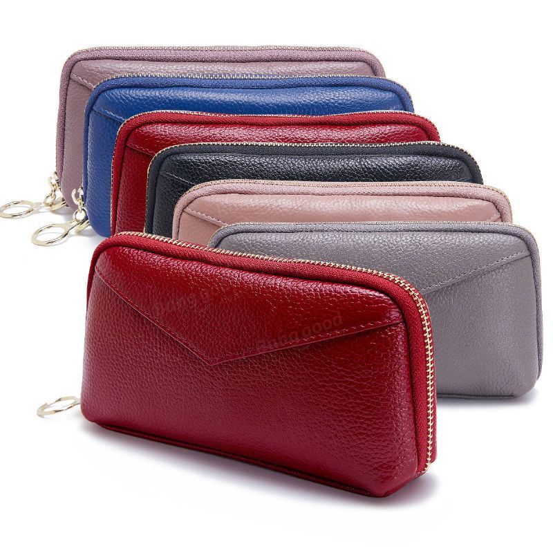 Dames Echt Lederen Clutch Bag Rits Lange Portemonnee Tweevoudige Portemonnee