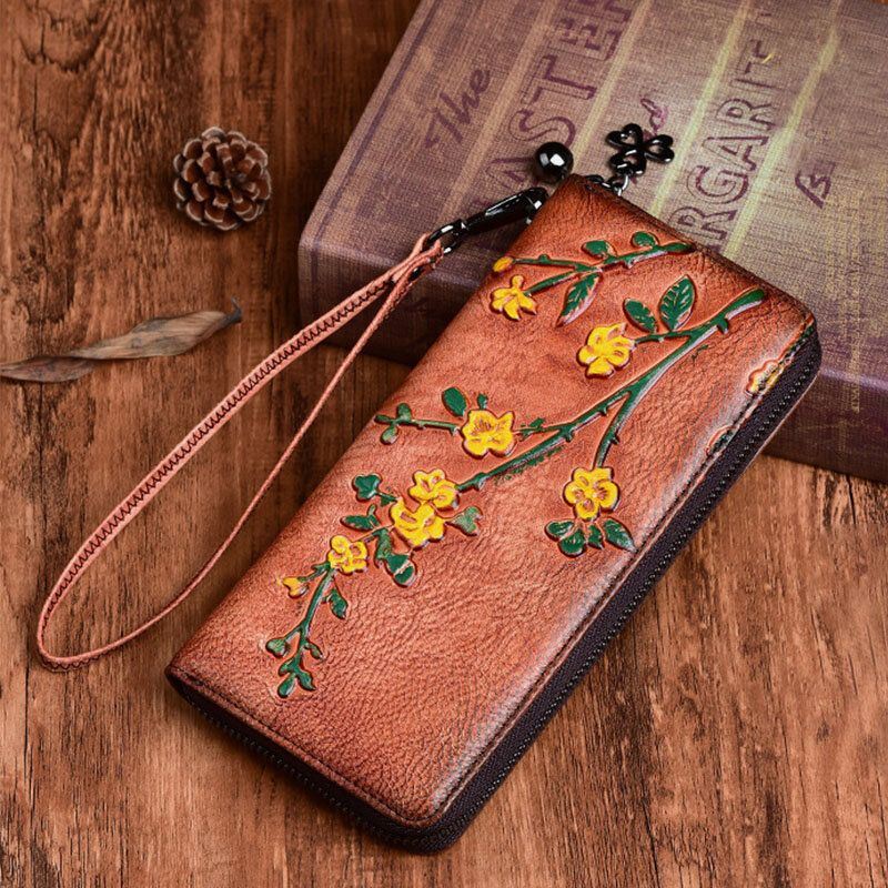 Dames Lederen Portemonnee Bloemen Reliëf Patroon Retro Lange Portemonnee Geld Portefeuilles Clutch Bags