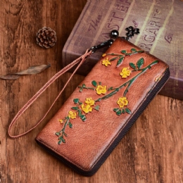 Dames Lederen Portemonnee Bloemen Reliëf Patroon Retro Lange Portemonnee Geld Portefeuilles Clutch Bags