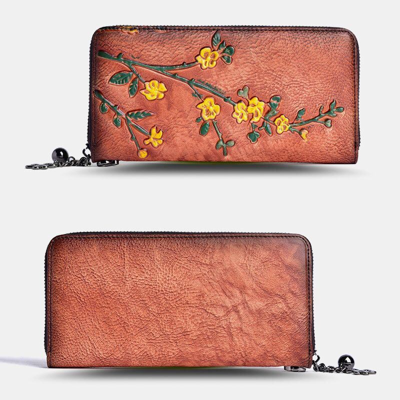 Dames Lederen Portemonnee Bloemen Reliëf Patroon Retro Lange Portemonnee Geld Portefeuilles Clutch Bags