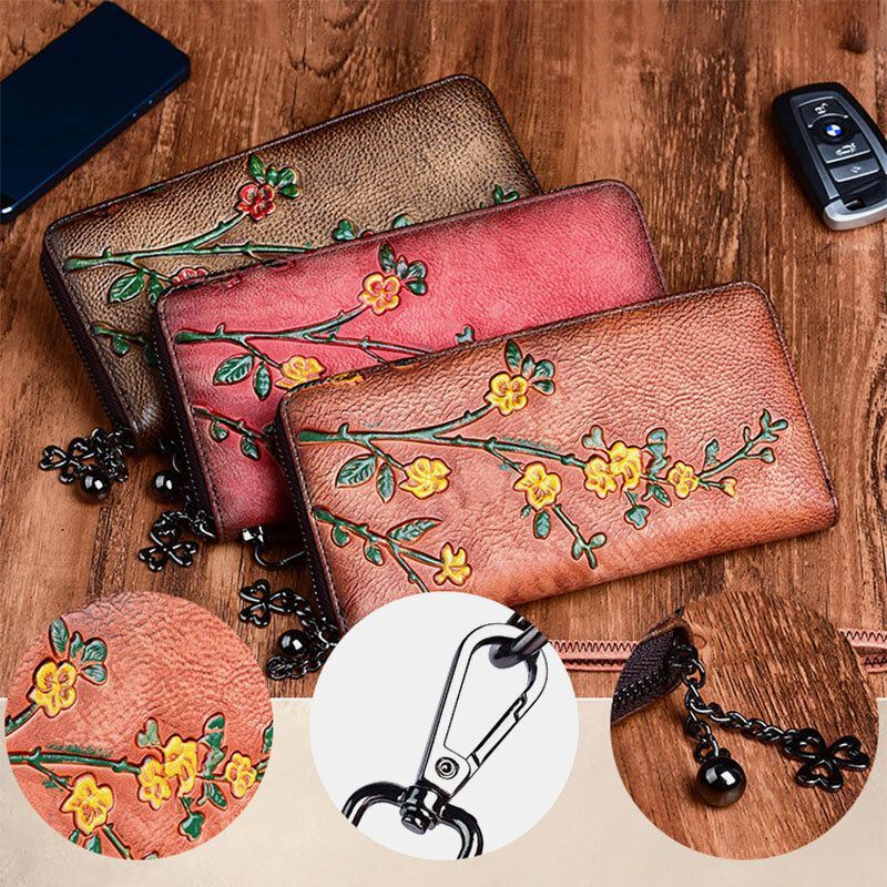 Dames Lederen Portemonnee Bloemen Reliëf Patroon Retro Lange Portemonnee Geld Portefeuilles Clutch Bags