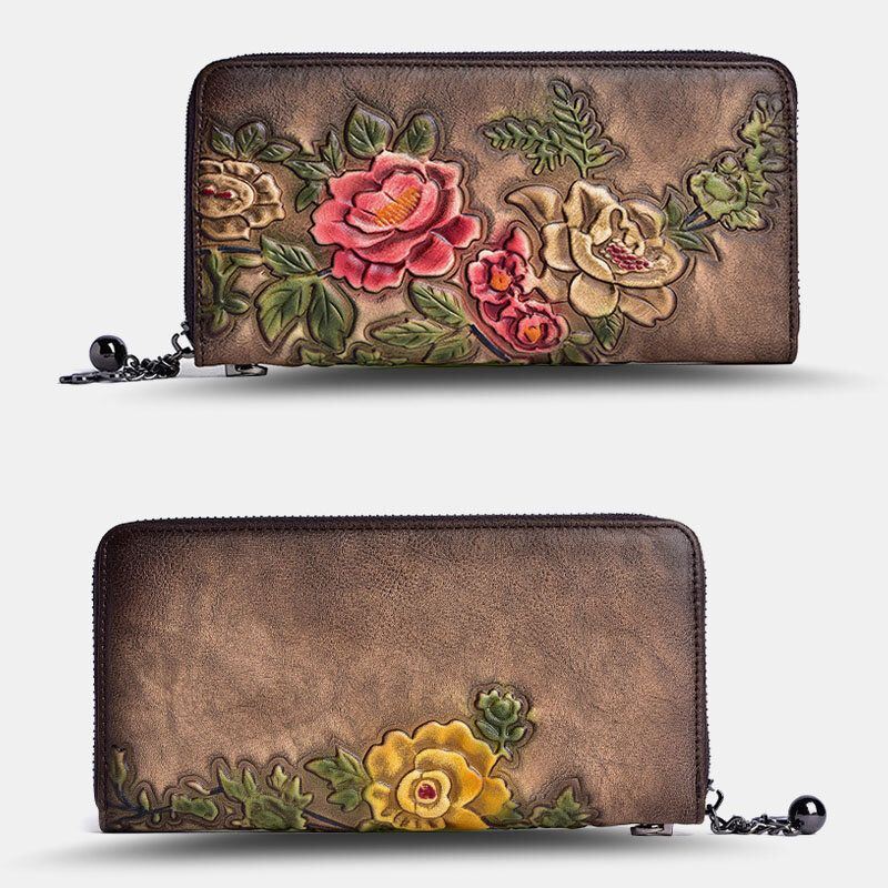 Dames Lederen Portemonnee Bloemmotief Lange Multifunctionele Retro Portemonnee Geld Portefeuilles Clutch Bags