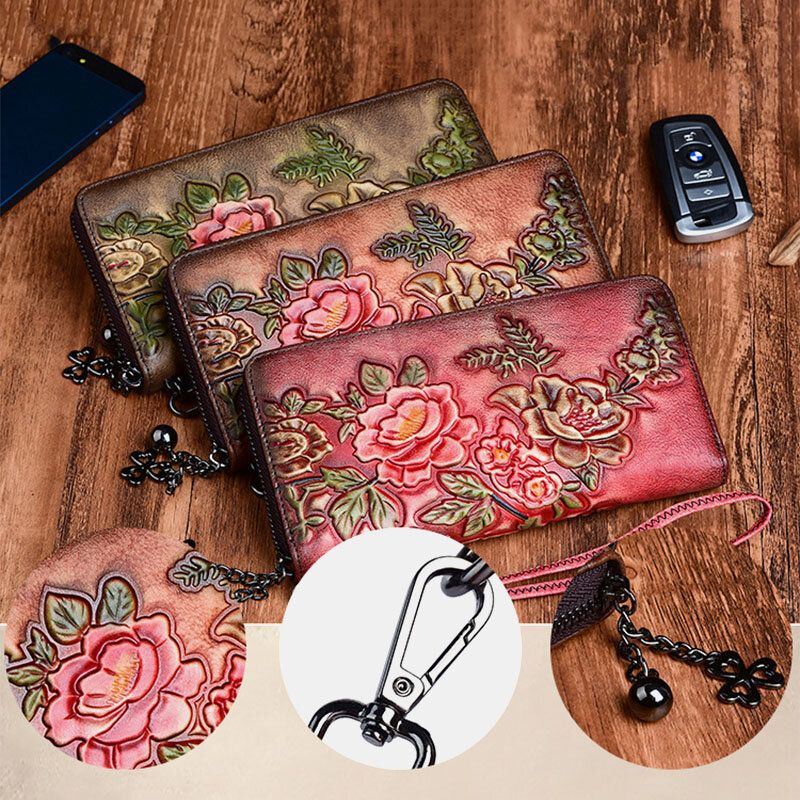 Dames Lederen Portemonnee Bloemmotief Lange Multifunctionele Retro Portemonnee Geld Portefeuilles Clutch Bags