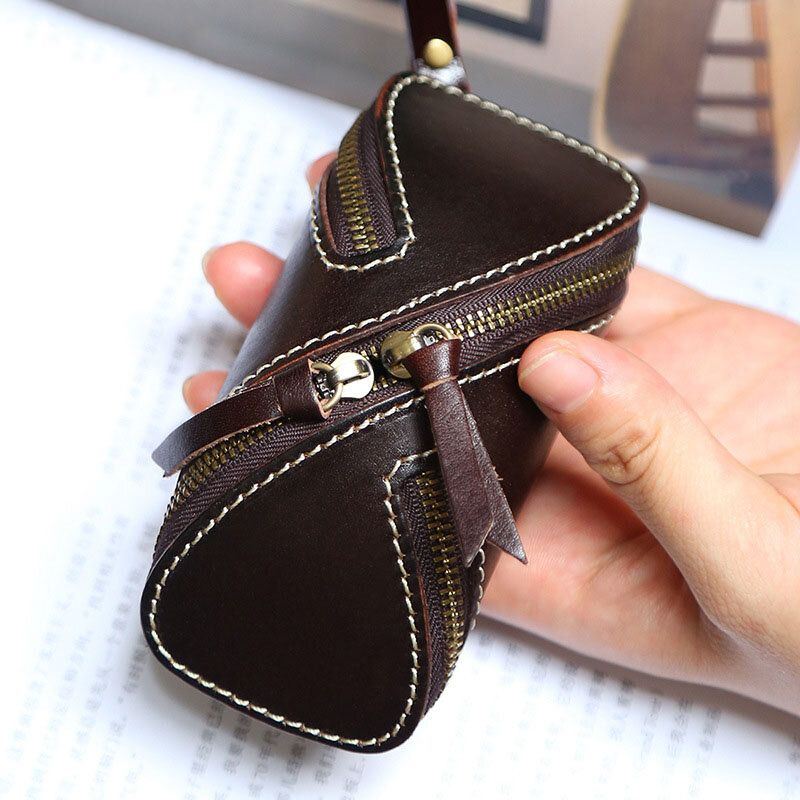 Heren Echt Leer Effen Kleur Ovale Rits Retro Sleutel Case Card Case Clutch Bags