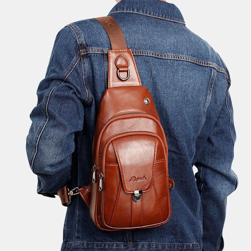 Heren Eerste Laag Koeienhuid Multi-pocket Anti-diefstal Borsttas Heuptas Crossbody Schoudertas