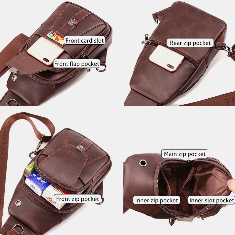 Heren Eerste Laag Koeienhuid Multi-pocket Anti-diefstal Borsttas Heuptas Crossbody Schoudertas